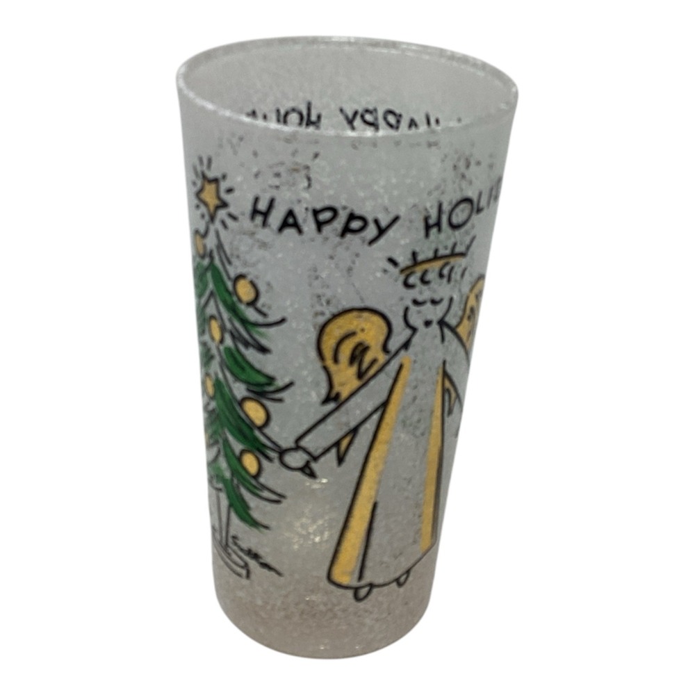 John Sutton Signed MCM Angel and Christmas Tree Flocked Drinking Glass *Flaw